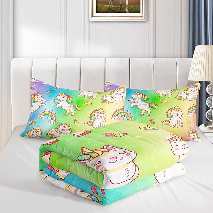Datura home Kids Unicorn Comforter Set for Girls Boys,Kawaii Rainbow Unicorn Printed Pattern Rainbow Kawaii Bedding Set with 2 Pillowcases(Rainbow Unicorn Full) - LeafyLoom