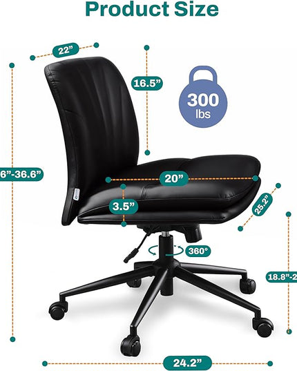 Criss Cross Chair with Wheels - Cross Legged Office Chair, Wide Armless Desk Chair Comfy Swivel Vanity Chair for Home Office, PU Leather - Black - LeafyLoom