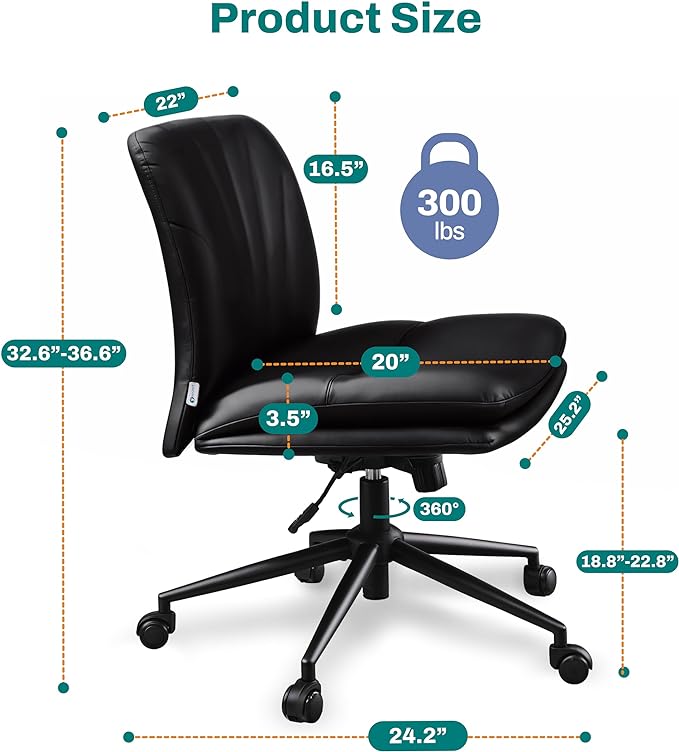 Criss Cross Chair with Wheels - Cross Legged Office Chair, Wide Armless Desk Chair Comfy Swivel Vanity Chair for Home Office, PU Leather - Black - LeafyLoom