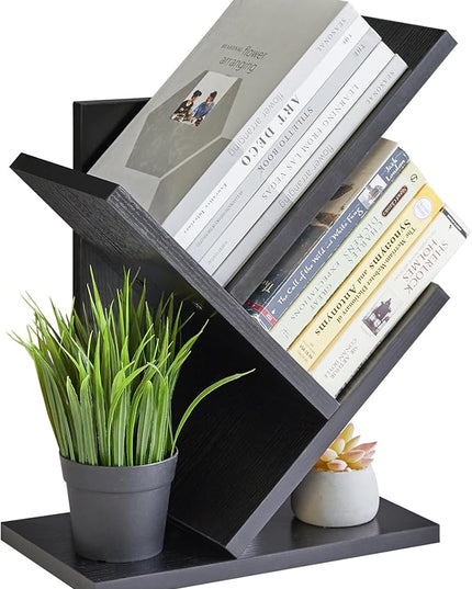 YMYNY 2 Tier Tree Bookshelf, Small Bookcase, Modern Wood Book Storage Rack Organizer, Freestanding Book shelf for Books/Movies/CDs, Display Rack for Bedroom, Home Office, Black UHBC012B - LeafyLoom