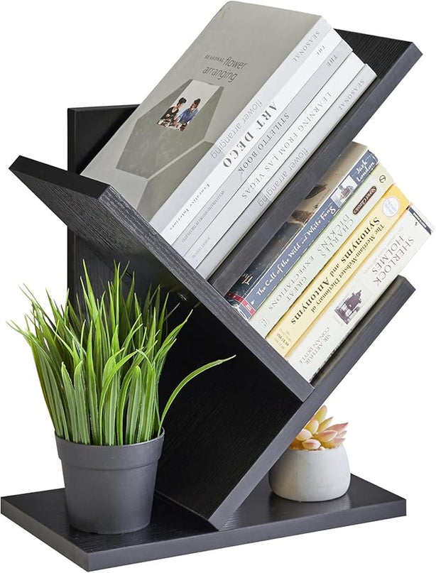 YMYNY 2 Tier Tree Bookshelf, Small Bookcase, Modern Wood Book Storage Rack Organizer, Freestanding Book shelf for Books/Movies/CDs, Display Rack for Bedroom, Home Office, Black UHBC012B - LeafyLoom