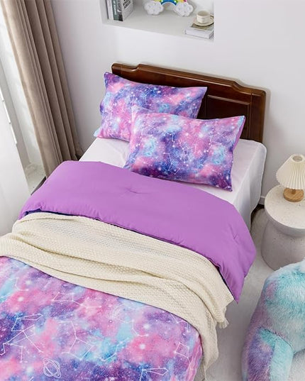 Holawakaka Tie Dye Galaxy Constellation Print Ombre Comforter Set Twin/Twin XL Size Girls Gradient Space Stars Dorm Bedding Set (Purple,Twin) - LeafyLoom