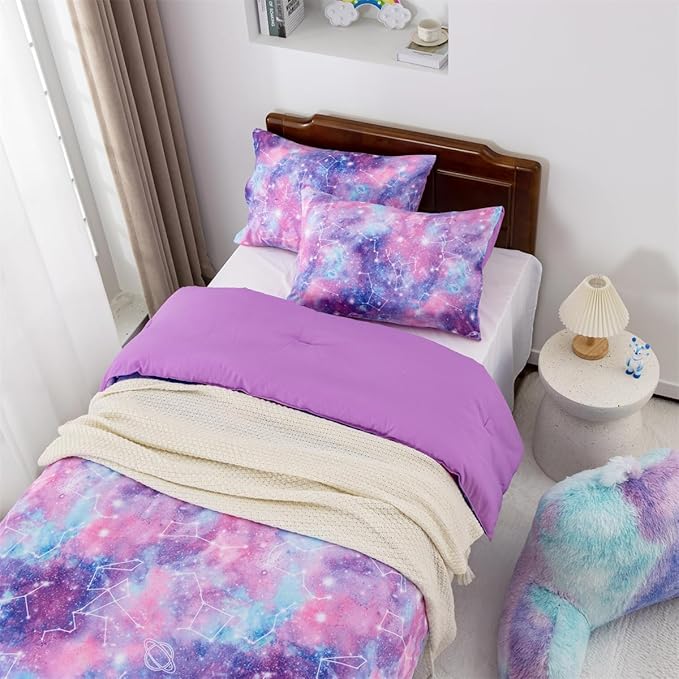 Holawakaka Tie Dye Galaxy Constellation Print Ombre Comforter Set Twin/Twin XL Size Girls Gradient Space Stars Dorm Bedding Set (Purple,Twin) - LeafyLoom