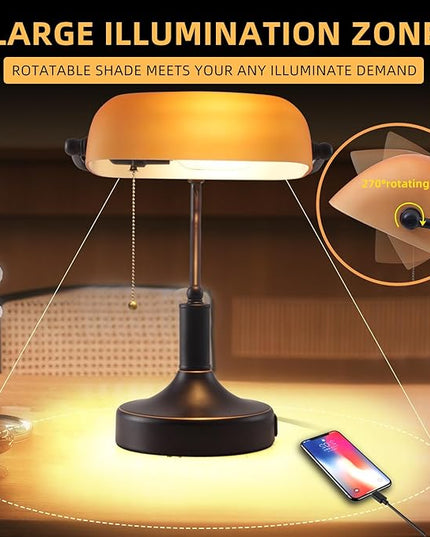 Vintage Bankers Desk Lamp with Pull Chain Switch, Traditional Desk Lamp with USB A and Type C Charging Port, Oil Rubbed Bronze Table Lamp with Amber Glass Shade for Office, Library, Study Room - LeafyLoom