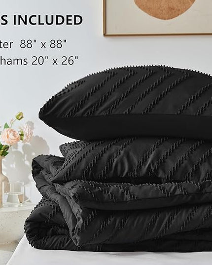 CozyLux Queen Comforter Set Black - 3 Pieces Black Boho Tufted Shabby Chic Bedding Comforter Set for All Seasons, Chevron Bedding Sets with Comforter & 2 Pillow Shams - LeafyLoom