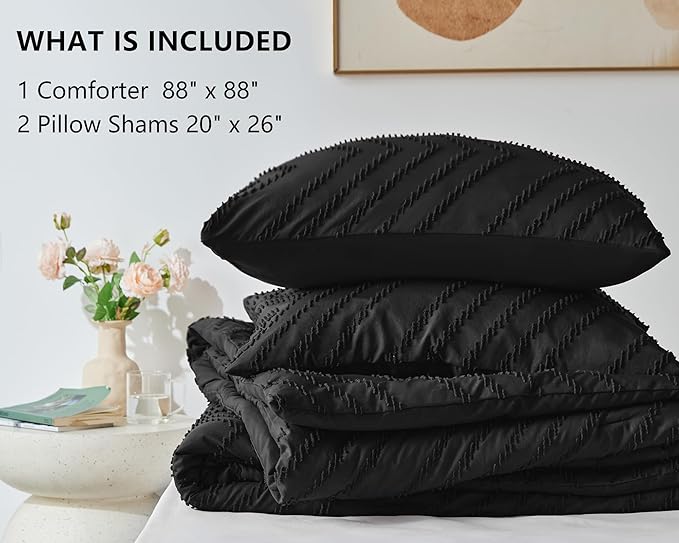 CozyLux Queen Comforter Set Black - 3 Pieces Black Boho Tufted Shabby Chic Bedding Comforter Set for All Seasons, Chevron Bedding Sets with Comforter & 2 Pillow Shams - LeafyLoom