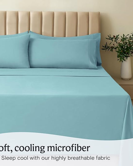 LuxClub 7 PC Split King Sheet Set, Breathable Luxury Bed Sheets, Deep Pockets 18" Eco Friendly Wrinkle Free Cooling Sheets Machine Washable Hotel Bedding Silky Soft - Aqua Split King - LeafyLoom