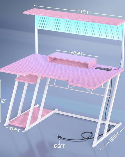 Gaming Computer Desk with Outlets and Storage Shelves, Pink Gaming Desk with Hutch and LED Lights, PC Gaming Desk with Pegboard for Bedroom, Carbon Fiber Pink, 47'' - LeafyLoom