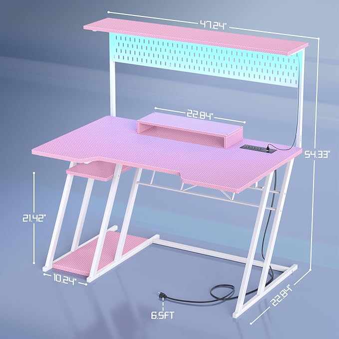 Gaming Computer Desk with Outlets and Storage Shelves, Pink Gaming Desk with Hutch and LED Lights, PC Gaming Desk with Pegboard for Bedroom, Carbon Fiber Pink, 47'' - LeafyLoom