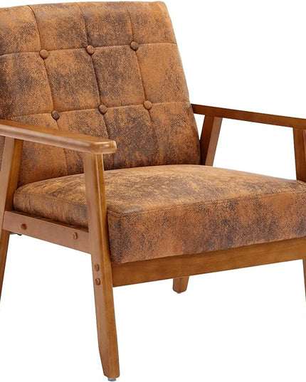 Mid-Century Accent, Modern Single Armchair, Upholstered Leisure Lounge Chair wth Solid Wood Armrest and Feet for Living Room, Bedroom, Office, Coffee - LeafyLoom