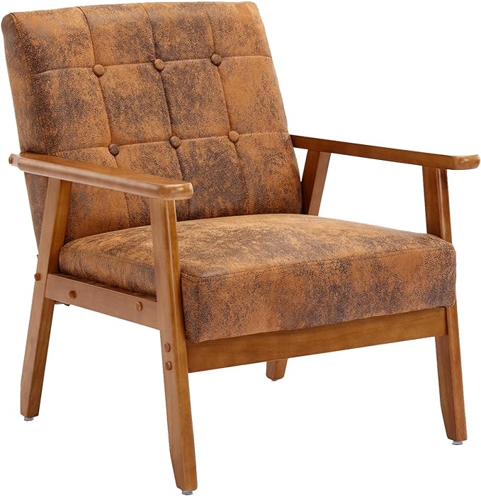 Mid-Century Accent, Modern Single Armchair, Upholstered Leisure Lounge Chair wth Solid Wood Armrest and Feet for Living Room, Bedroom, Office, Coffee - LeafyLoom