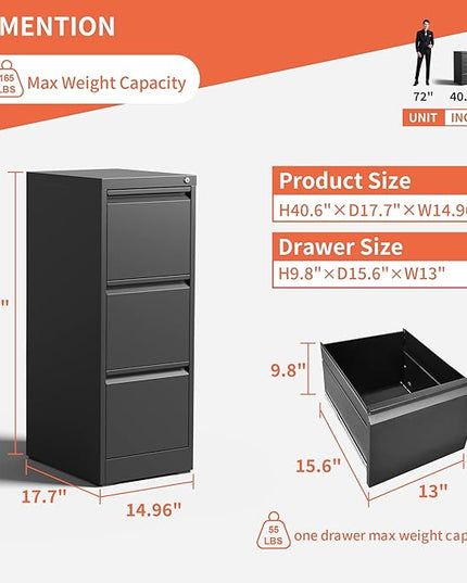 3 Drawer File Cabinet,Metal Filing Cabinets for Home Office, Black Vertical File Cabinet with Lock,Heavy Duty Metal Storage Cabinet for A4/Letter/Legal Size Files,Assembly Required - LeafyLoom