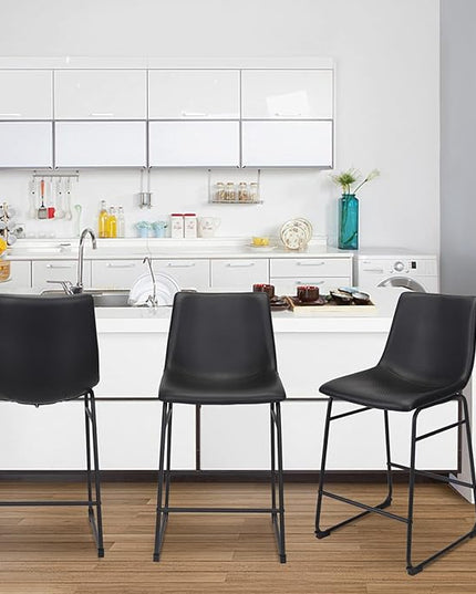 Bar Stools Set of 2, 26 Inches Bar Stool with Back, Carbon Fiber Bar Chair with Metal Legs (Black) - LeafyLoom