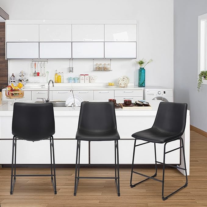 Bar Stools Set of 2, 26 Inches Bar Stool with Back, Carbon Fiber Bar Chair with Metal Legs (Black) - LeafyLoom