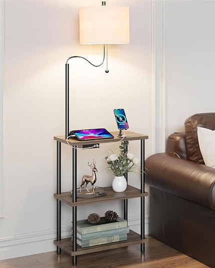 Floor Lamp End Table with Charging Station, Retro Bedside Table with Lamp for Living Room, Small Side Table Nightstand for Bedroom, Floor Lamp with USB Ports Type-C(Bulb Included) - LeafyLoom