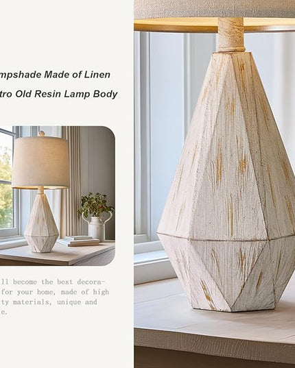 PoKat 20.25" Farmhouse Table Lamp for Nightstand, Vintage Bedside Lamps, Rustic Small Lamp, Modern Side Table Lamp for Living Bed Room Home with Linen Lampshade, White - LeafyLoom
