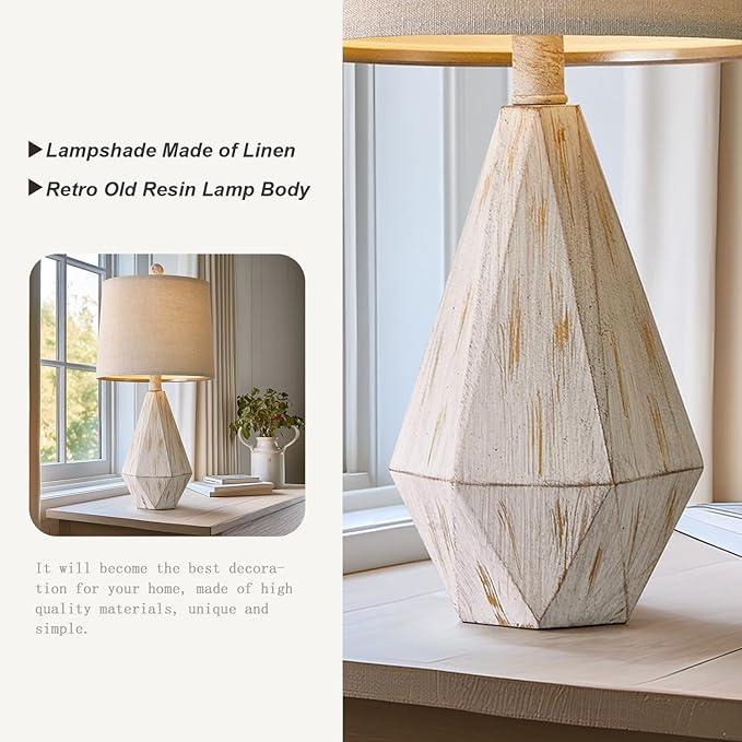 PoKat 20.25" Farmhouse Table Lamp for Nightstand, Vintage Bedside Lamps, Rustic Small Lamp, Modern Side Table Lamp for Living Bed Room Home with Linen Lampshade, White - LeafyLoom