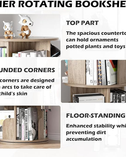 Nisorpa 4 Tier Rotating Bookshelf, 360° Revolving Bookcase Wood Rotating Stackable Shelves Floor-Standing Storage Display Rack Used in Bedrooms Living Rooms Study Office (52"x18"x18") - LeafyLoom