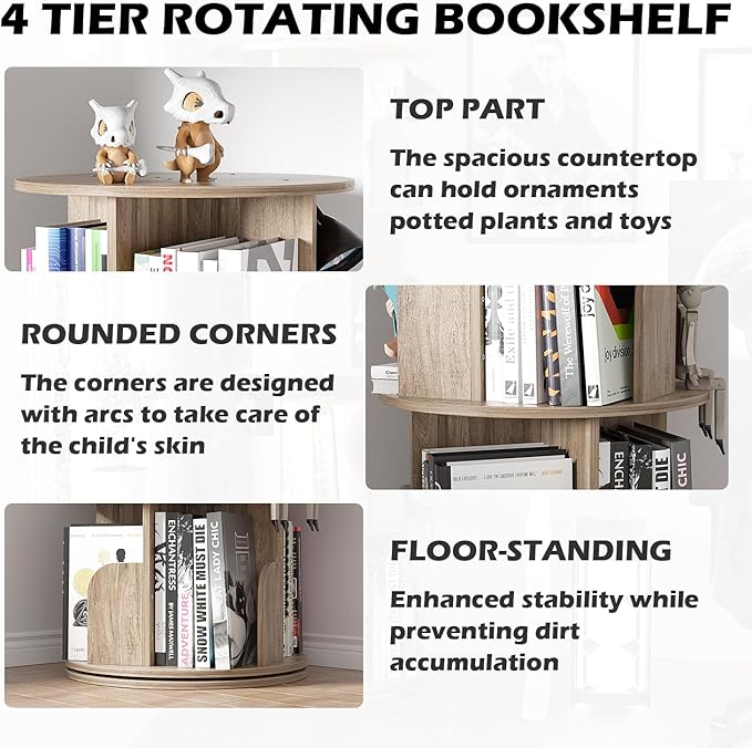 Nisorpa 4 Tier Rotating Bookshelf, 360° Revolving Bookcase Wood Rotating Stackable Shelves Floor-Standing Storage Display Rack Used in Bedrooms Living Rooms Study Office (52"x18"x18") - LeafyLoom