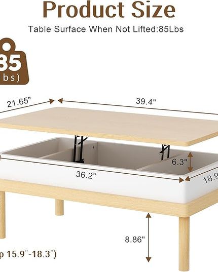 Shintenchi Coffee Table, Lift Top Coffee Table with Hidden Compartment, Rising Tabletop Dining Table, Lift Top Coffee Center Table for for Living Room, Office, Home (Oak) - LeafyLoom