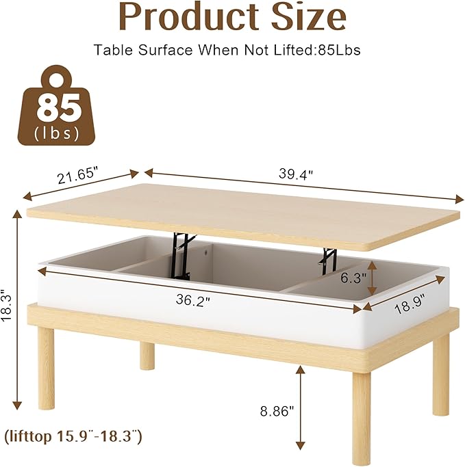 Shintenchi Coffee Table, Lift Top Coffee Table with Hidden Compartment, Rising Tabletop Dining Table, Lift Top Coffee Center Table for for Living Room, Office, Home (Oak) - LeafyLoom