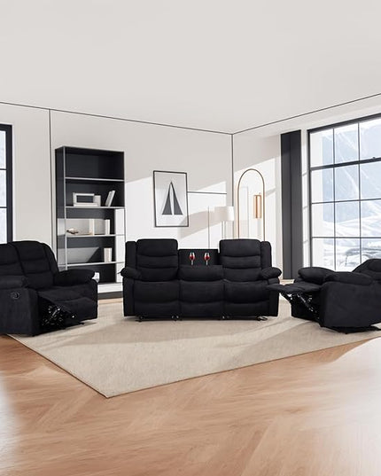 3 Pieces Oversized Manual Motion Set with Center Console,Cup Holders,Three Seaters Couch,Loveseat&Lounge Chair, Upholstered Reclining Sectional Sofa, Gray 3PIECES - LeafyLoom