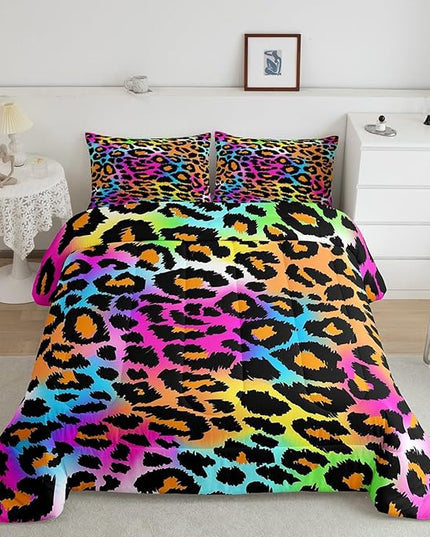 Leopard Print Comforter Set for Girls Kids Women Neon Rainbow Leopard Fur Bedding Set Mottled Exotic Panthera Skin Comforter Room Decor Colorful Camouflage Safari Theme Duvet Set King Size Quilt Set - LeafyLoom