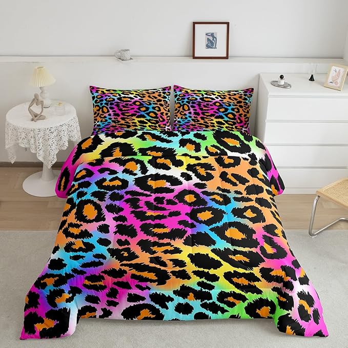 Leopard Print Comforter Set for Girls Kids Women Neon Rainbow Leopard Fur Bedding Set Mottled Exotic Panthera Skin Comforter Room Decor Colorful Camouflage Safari Theme Duvet Set King Size Quilt Set - LeafyLoom