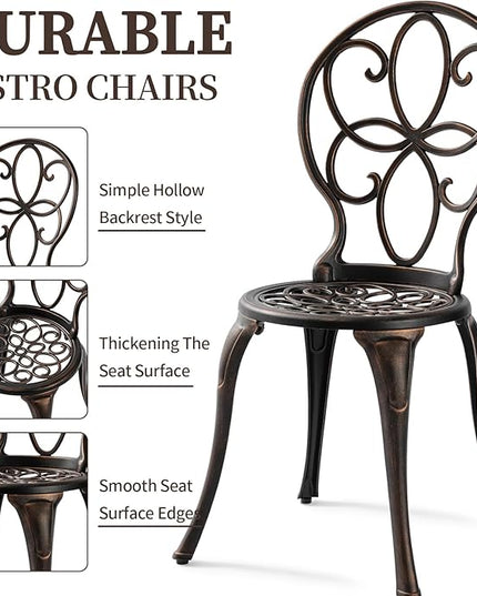 Patio Bistro Sets 3 Piece, Outdoor Bistro Table and Chairs Set of 2 with Umbrella Hole, Cast Aluminum Bistro Set, Patio Furniture for Yard Garden Porch, Bronze - LeafyLoom