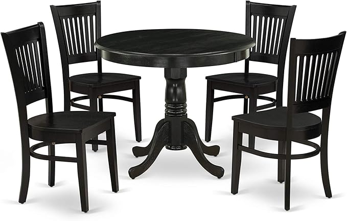 East West Furniture ANVA5-BLK-W 5 Piece Modern Dining Table Set Includes a Round Kitchen Table with Pedestal and 4 Dining Room Chairs, 36x36 Inch, Black - LeafyLoom