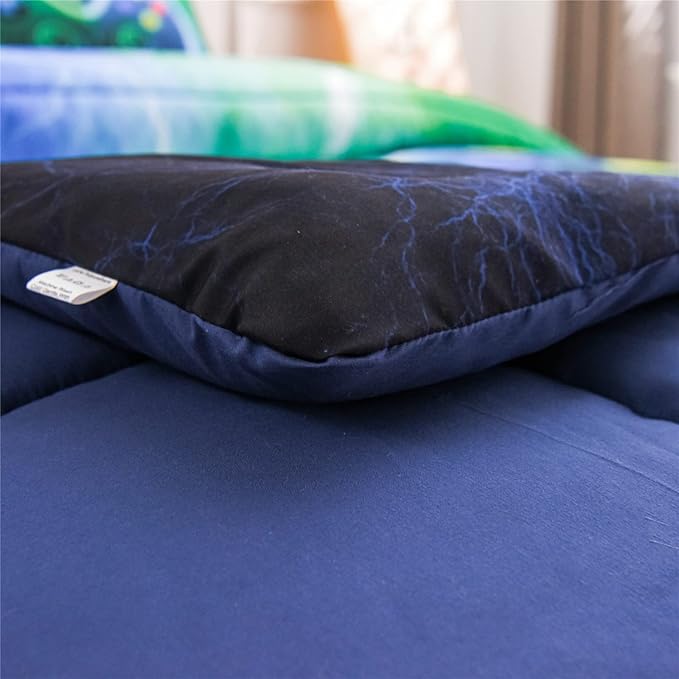 Meeting Story Gamer Gaming Bedding Sets Red Blue Lightnings Gamepad Comforter Set for Boys Games Console Action Buttons Novelty Colorful Modern Room Decor Home Quilt Set (Blue-Green, Full 5Pcs) - LeafyLoom