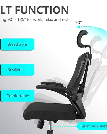 Office Chair 350LBS Capacity,Ergonomic Comfy Home Desk Chair,High Back Gaming Chair with Wheels,Mesh Computer Chair,Lumbar Support,Adjustable Headrest,Flip-up Armrest - LeafyLoom