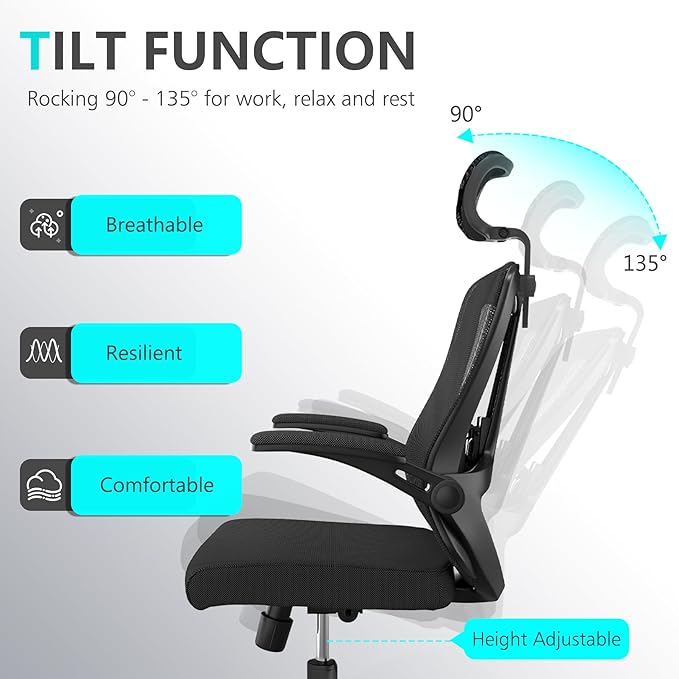 Office Chair 350LBS Capacity,Ergonomic Comfy Home Desk Chair,High Back Gaming Chair with Wheels,Mesh Computer Chair,Lumbar Support,Adjustable Headrest,Flip-up Armrest - LeafyLoom