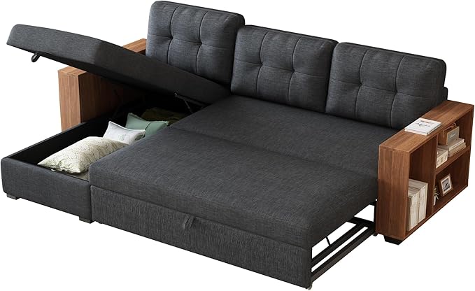 Convertible Sectional Couch with Pull Out Bed Chaise,L Shaped Sleeper Sofa W/Storage Cabinet Armrests & Removable Back Cushions,Living Room Furniture for Home,Office,Dark Grey,84" - LeafyLoom