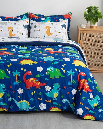 Wajade 7 Piece Kid Boys Dinosaur Comforter Set Queen Size 3D Blue Dinosaur Wild Park Jungle Print Bedding Set with Comforter, Sheet Set, Pillowcase and Sham - LeafyLoom