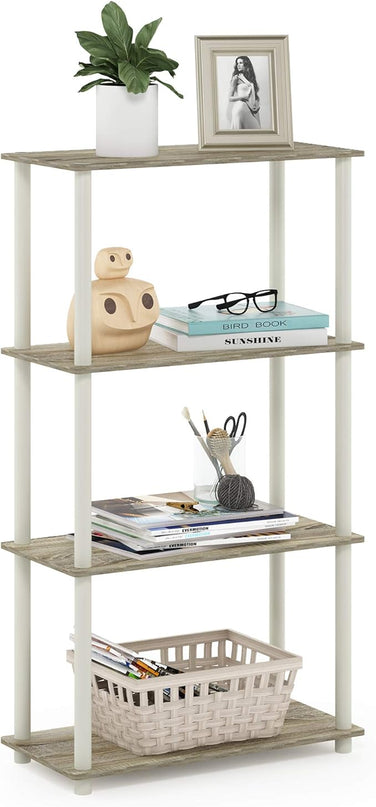 Furinno Turn-N-Tube 4-Tier Multipurpose Shelf Display Rack, Round Tubes, Sonoma Oak/White - LeafyLoom