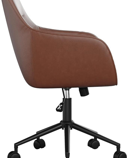 Martha Stewart Rayna Swivel Task Chair with Flared Arms for Home Office in Saddle Brown Faux Leather with Oil Rubbed Bronze Frame - LeafyLoom