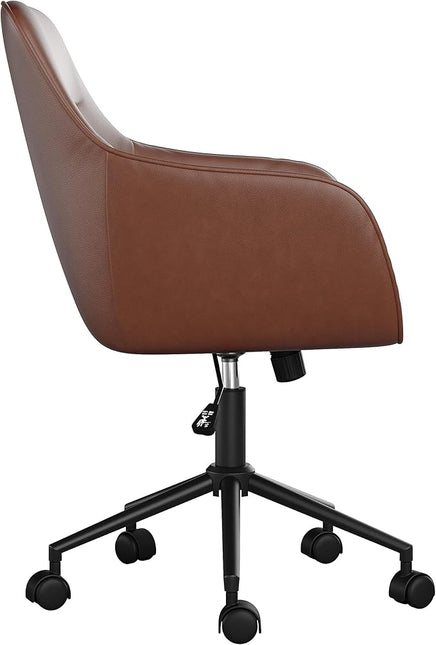 Martha Stewart Rayna Swivel Task Chair with Flared Arms for Home Office in Saddle Brown Faux Leather with Oil Rubbed Bronze Frame - LeafyLoom