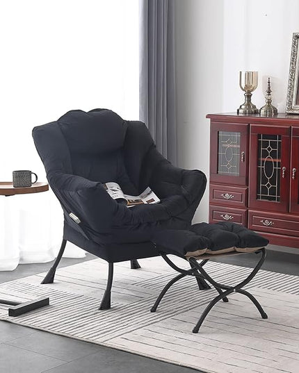 Welnow Lazy Chair with Ottoman, Modern Lounge Accent Chair with Armrests and a Side Pocket, Leisure Upholstered Sofa Chair Set, Reading Chair with Footrest for Small Space, Corner Chair, Black - LeafyLoom