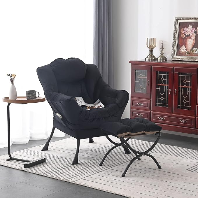 Welnow Lazy Chair with Ottoman, Modern Lounge Accent Chair with Armrests and a Side Pocket, Leisure Upholstered Sofa Chair Set, Reading Chair with Footrest for Small Space, Corner Chair, Black - LeafyLoom