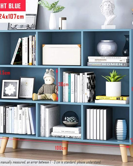 IOTXY Wooden Open Shelf Bookcase - 3-Tier Floorstanding Display Cabinet Rack with Legs, 8 Cubes Free Standing Bookshelf, Bright Blue - LeafyLoom