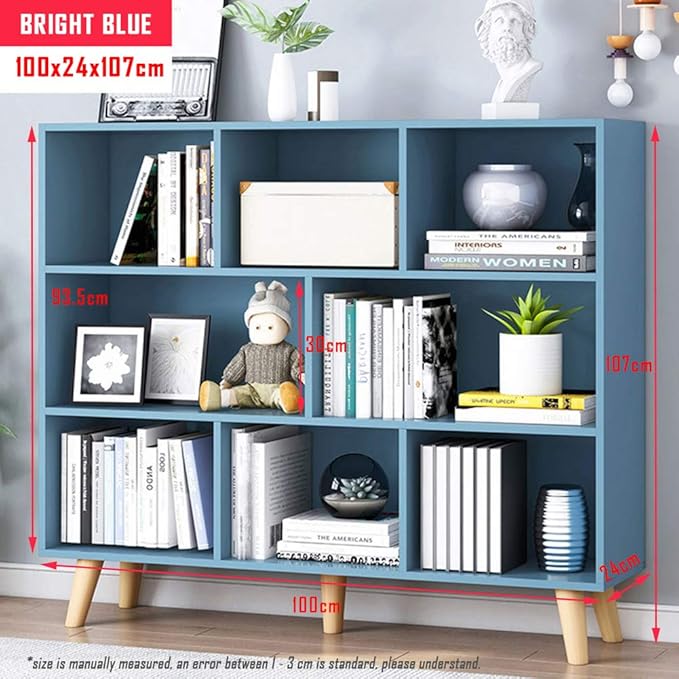 IOTXY Wooden Open Shelf Bookcase - 3-Tier Floorstanding Display Cabinet Rack with Legs, 8 Cubes Free Standing Bookshelf, Bright Blue - LeafyLoom