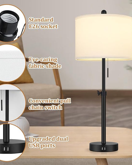 Table Lamp for Bedroom Set of 2, 23" to 30" Height Adjustable Bedside Lamp with 2 USB Ports, Black Nightstand Lamp with White Shade, Modern Pull Chain Table Lamp for Living Room End Table - LeafyLoom