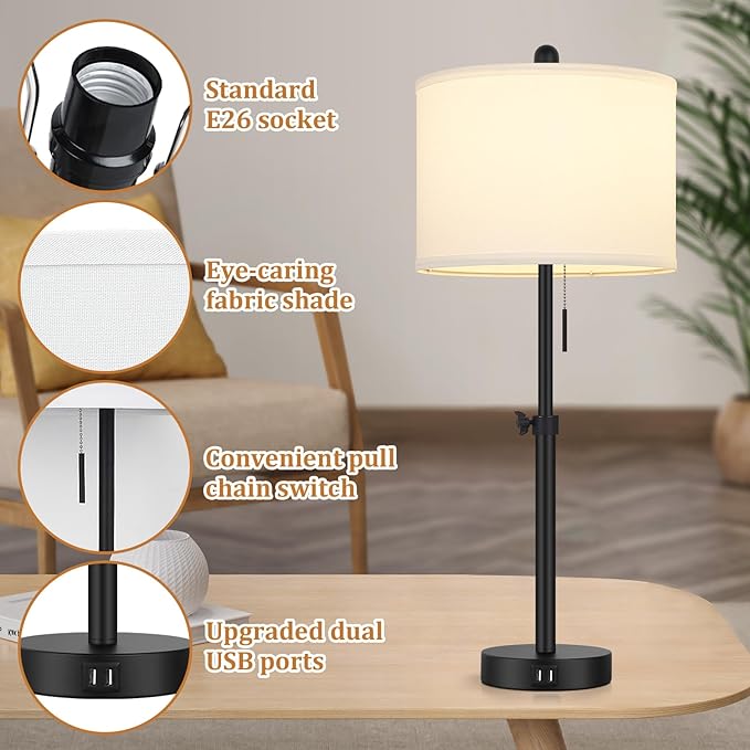 Table Lamp for Bedroom Set of 2, 23" to 30" Height Adjustable Bedside Lamp with 2 USB Ports, Black Nightstand Lamp with White Shade, Modern Pull Chain Table Lamp for Living Room End Table - LeafyLoom