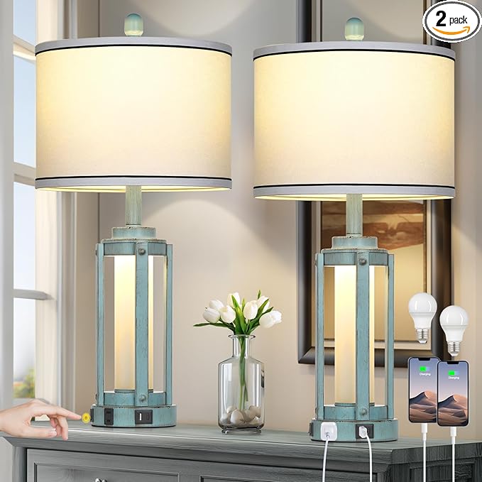 Farmhouse Lamps Set of 2, 26" Vintage Rustic Industrial Beside Lamps with USB A+C Charging Ports & AC Outlet, Nightstand Metal Lamp with LED Night Light & Fabric Shade for Living Room Bedrooms Blue - LeafyLoom