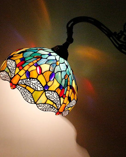 WERFACTORY Tiffany Floor Lamp Sea Blue Yellow Stained Glass Dragonfly Arch Lamp 12X18X64 Inch Gooseneck Adjustable Corner Stand Reading Light Decor Bedroom Living Room S128 Series - LeafyLoom