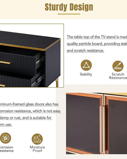 Merax Stylish LED TV Stand for Televisions Up to 78'', Entertainment Center with Brown Glass Storage Cabinet, Marble-veined Table Top, Golden Legs & Handles for Living Room, Black - LeafyLoom