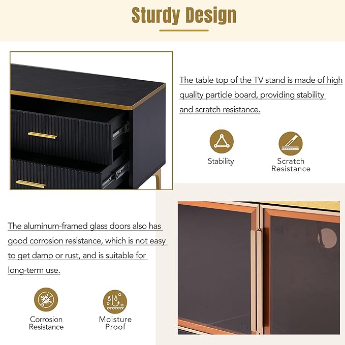 Merax Stylish LED TV Stand for Televisions Up to 78'', Entertainment Center with Brown Glass Storage Cabinet, Marble-veined Table Top, Golden Legs & Handles for Living Room, Black - LeafyLoom
