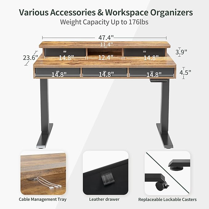 FEZIBO Height Adjustable Electric Standing Desk with 5 Drawers, 48 x 24 Inch Table with Storage Shelf, Sit Stand Desk Black Frame/Rustic Brown Top, 48 inch - LeafyLoom