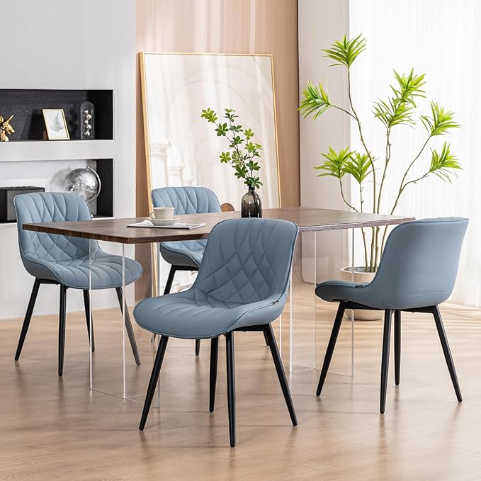 YOUNUOKE Dining Chairs Set of 2 Mid Century Modern Kitchen Chair Comfortable Upholstered Faux Leather Dinner Chairs for Kitchen Dining Room, Blue - LeafyLoom